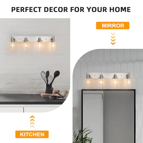 AMRUIPO 4 Lights Bathroom Light Fixtures Chrome Vanity Light with Clear Glass Shade 15in Modern Bathroom Lighting Fixtures Over Mirror for Bedroom/Living Room by AMRUIPO - Used condition - Image 7
