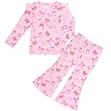 Vogseek Toddler Girl Fall Clothes Set 1 Year Old Baby Ruffle Long Sleeve Ribbed Knit Tops Bell Bottom Flare Pants 2Pcs Outfit Kids Winter Pink Bowknot Printed Clothing 18-24 months