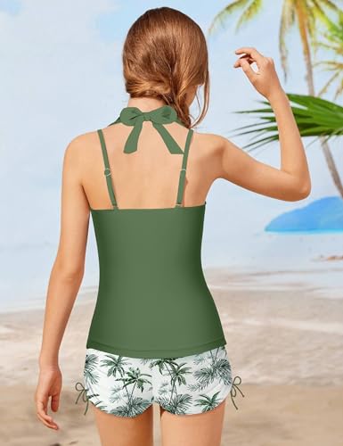 Image of Girls Swimsuit 2 Piece Halterneck Girls Tankini Swimsuit Drawstring Printed Swim Shorts Girl Bathing Suit for 7-18T