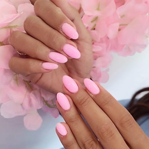 Modelones Pink Press on Nails Almond, Summer Short Almond Fake Nails, Reusable Nail Kit with Nail Glue Adhesive Tabs Mini Nail File, Nails Press Ons 32Pcs 16 Sizes