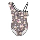 Cndexd Girl's Pug Print One Piece Swimsuit One Shoulder Ruffle Swimsuit Quick Dry Bathing Suit Non-Slip Straps Swimwear UPF 50+ Sun Protection for Girls in 3t to 14 Year