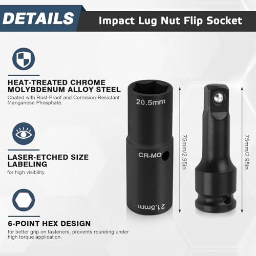 ELNLE Radmuttern Nuss 19,5 18,5 20,5 21,5 mm Doppelkopf Radmutternschlüssel Für Ford Nuss, 1/2\ Chrom-Molybdän-Stahl Felgen-Kraft-Stecknuss-Satz Kompatibel mit Ford Land Rover