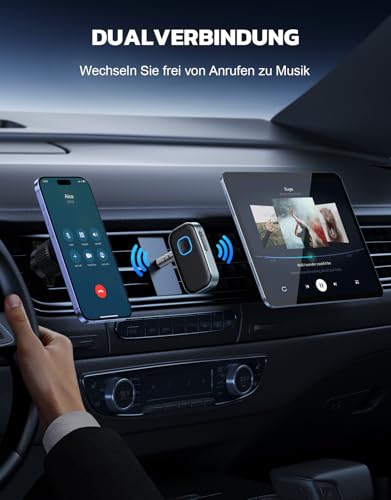 Glangeh Bluetooth 5.3 Adapter Auto, Upgraded Lärmminderung 3,5mm Aux Bluetooth Adapter, 16H Standby Empfänger Receiver Klinke für Auto Audio System, Kopfhörer, Speaker, Stereo-Endstufen (Grau)