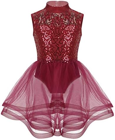 TiaoBug Kids Girls Figure Ice Skating Dress Sleeveless Mock Neck Sequins Gymnastics Leotard Mesh Skirted Athletic Dancewear Burgundy 6