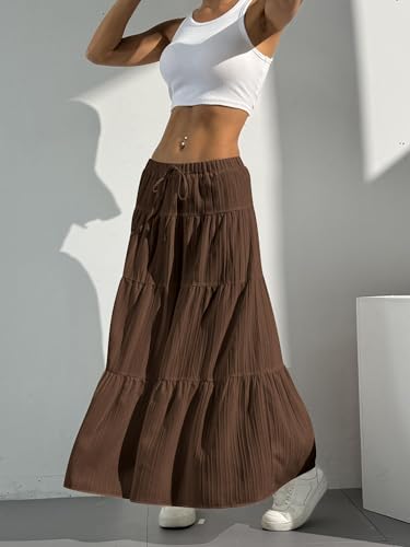 Image of Verdusa Women's Long Maxi Skirt Boho Flowy Flared Ruffle Skirts 2026 Beach Vacation Summer Going Out Outfits