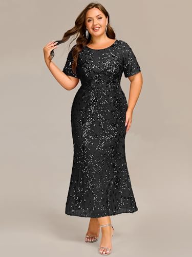 Ever-Pretty Plus Women's Round Neck Short Sleeves Bodycon Stretchy Gorgeous Sequin Maxi Evening Gown Plus Size Formal Dresses3