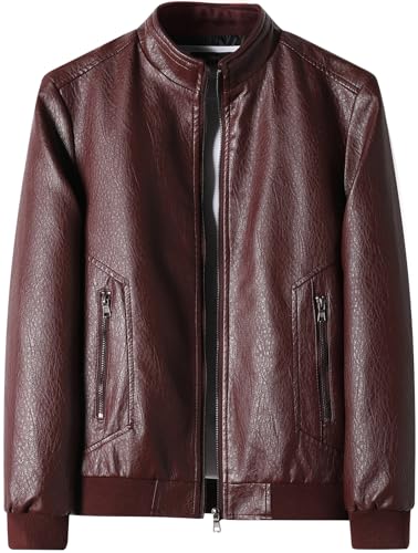 PEGENO Men's Stand Collar Leather Jacket Lightweight Faux Leather Motorcycle Jacket
