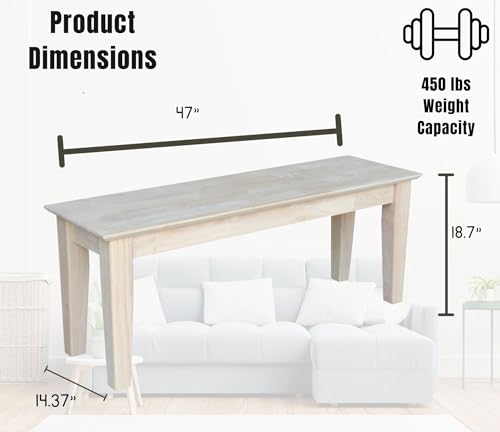 IC International Concepts Farmhouse Bench Traditional, Entryway/Dining/Bedroom, Real/Solid Parawood, 47"W x 14.37"D x 18.7"H, 450 lb Capacity, DIY, Paint/Stain Your Way, Unfinished