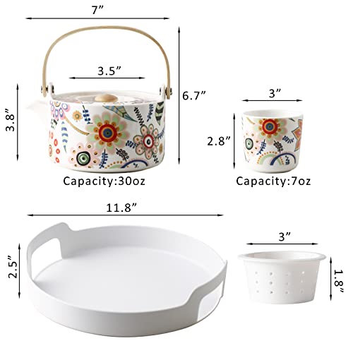Wuyiazhi Floral Tea Set With Tray, 30 Oz Small Ceramic Teapot With Infuser And Tea Cup Set Of 4, Asian Tea Pot Set For Adults, Teapot Set Gift For Women, 6Pcs #TOP2