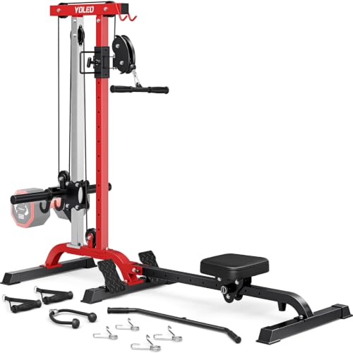 YOLEO 2-in-1 folding rowing and lat pulldown station with attachments — shows the 13-position tower and adjustable seat for a first home setup