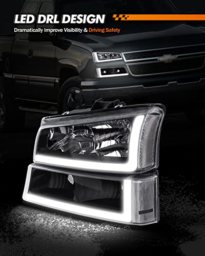 Sealight Led Drl Headlight Assembly Fit For 2003 2004 2005 2006 Silverad-O, Headlamp Replacement Pair With Daytime Running Light Black Housing Clear Lens #TOP1