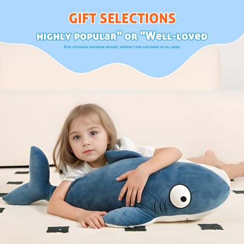 Image of 32 inch Blue Giant Sharks Plush,Large Whale Shark Stuffed Animals, Big Ocean Sea Fish Squishy Body Pillow Soft Plushies Toys, Gifts Kids Girls Boys, Birthday