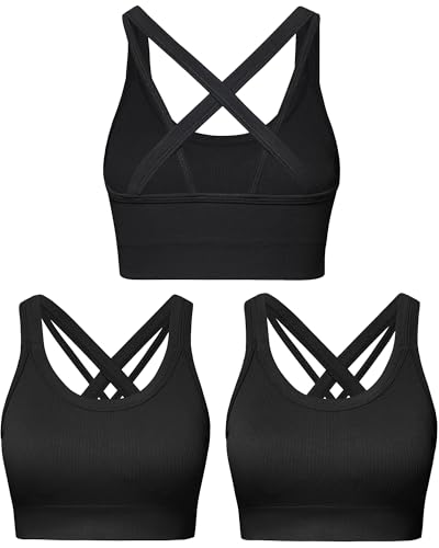 Sports Bras for Women HIigh Support, Criss-Cross Back Padded Strappy High Impact Sports Bras for Women Large Bust(0001_Black+Black+Black_L)
