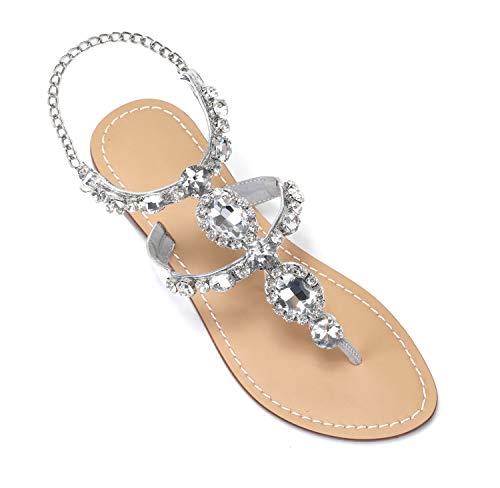 Zhulinfeng Women's Rhinestone Gladiator Sandals Flat Beach Wedding Shoes Flip-Flops Gemstone Pearl Sparkling Bride Bridesmaid Silver&Gold Size 8 #TOP2
