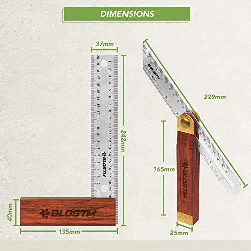 BLOSTM Carpenters Square Set - 8"/200mm Try Square & 9"/230mm Adjustable Sliding Bevel - Highly Accurate Stainless Steel Ruler With Hardwood Handles, Ideal for Craftsmen, Engineers, Architects (2 PCS)