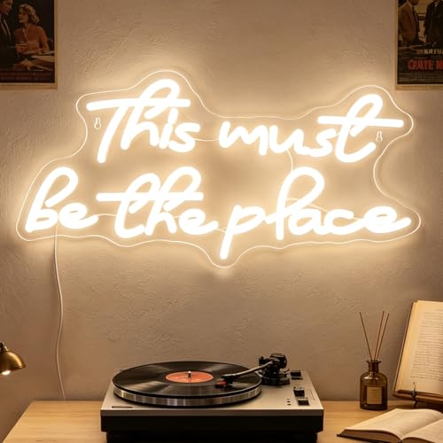 This Must be The Place Wedding Sign, USB Powered Neon Signs with Dimmer and Sticky Hook, Hanging LED Light Sign Decorations, Home Decor for Bedroom Party Wall 16.93 x 8.27 inch