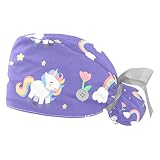 Flat Colorful Cute Unicorn Purple Pattern Working Cap with Buttons Long Hair Elastic Ribbon Tie Back