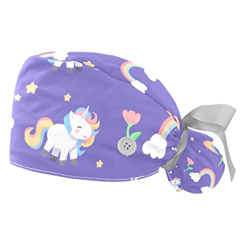 Flat Colorful Cute Unicorn Purple Pattern Working Cap With Buttons Long Hair Elastic Ribbon Tie Back Hat For Women #TOP6