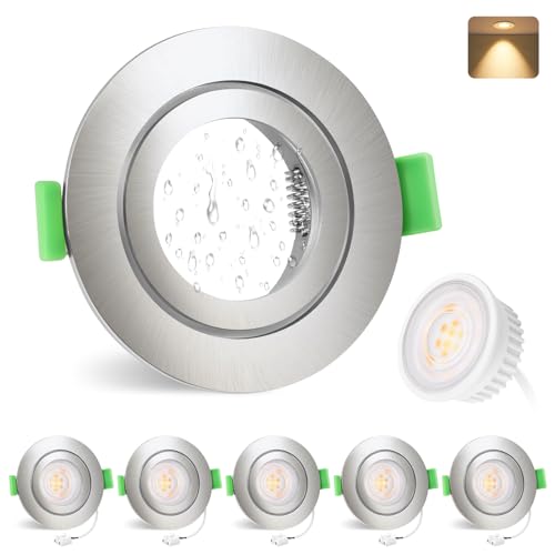 YindaLux 6x Foco empotrable LED 230V IP65 5W Spot LED Medida de taladro 68mm Spot de techo Ultra plano Luz empotrada 2700K Luz cálida GU10 Spots empotrable para Baño Salón, Níquel, No regulable