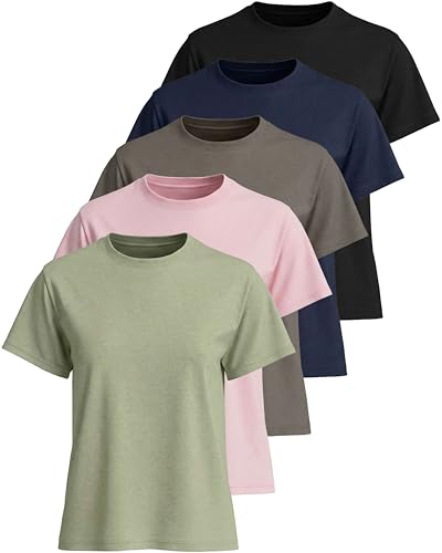 Real Essentials 5 Pack: Women’s 100% Cotton Relaxed Fit Short Sleeve T-Shirts Fashion Trendy Tees (Available in Plus Size)- Set 1, M