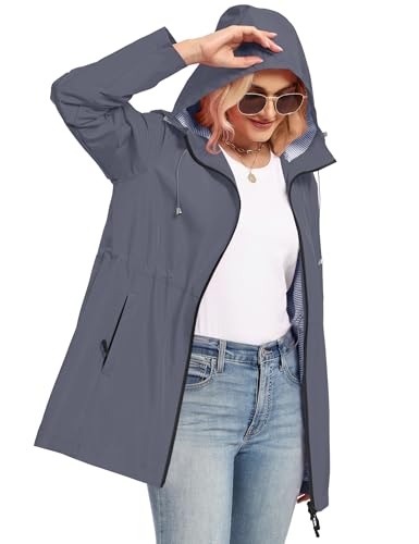 TCOT Women\'s Long Rain Coats Lightweight Waterproof Jacket Lined Windbreaker Jackets with Hood Outdoor Dark Grey XXL