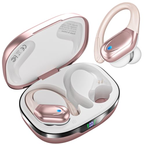 HAOYUYAN Sports Bluetooth Headphones, 80Hrs Playtime Wireless Earbuds with LED Power Display, IPX7 Waterproof Earphones for Workout/Running, Noise Canceling Headset Ear Buds Champagne Gold