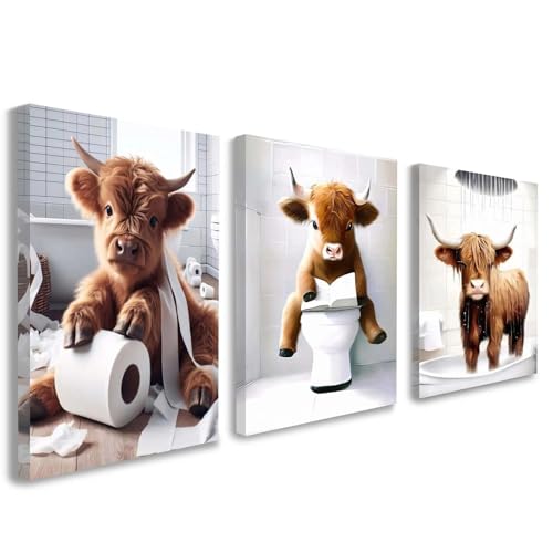 3 Piece Bathroom Wall Art Funny Highland Cow Decor, Framed
