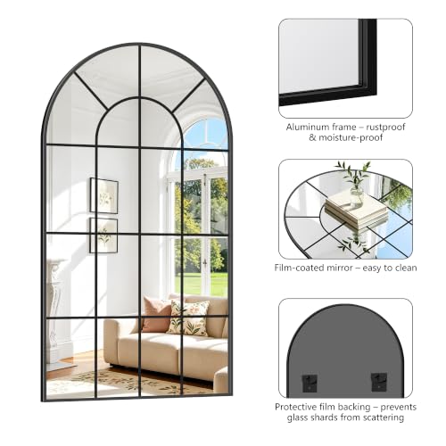Arched Wall Mirror, 30x55 inch Window Pane Mirrors for Wall Decor, Black Arch Mirrors Wall Mounted, Black Frame Arched Mirror for Living Room Bedroom Entryway, Horizontal Hanging or Leaning Against by GLASHOM - Used condition - Image 3