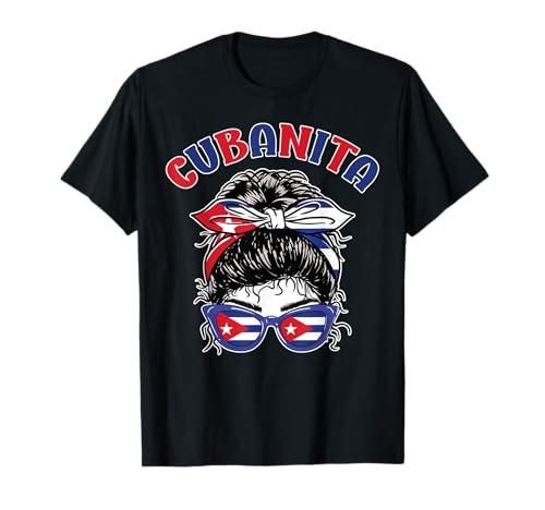 Cubanita Hispanic Heritage Messy Bun Cuban Cuba Flag Filles T-Shirt