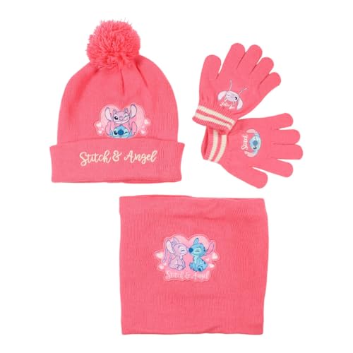 Disney Stitch & Angel Kinder Winterset 3-teilig – Mütze mit Bommel, Handschuhe & Schlauchschal – Offizielles Lizenzprodukt – Größe 54/56 – Rosa, Farbe: Rosa, Größe: 54/56