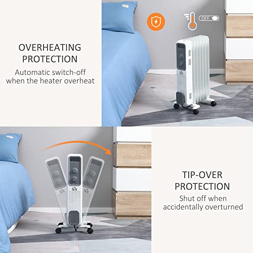 HOMCOM 1500W Oil Filled Radiator, Portable Electric Heater with 3 Heat Settings, Safety Cut-Off and Wheels, White - Image 2