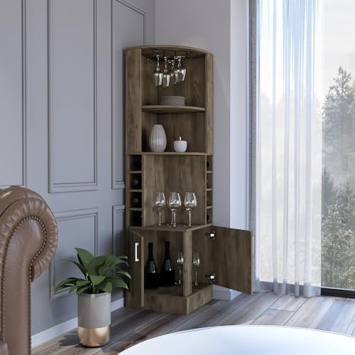 Rustic Farmhouse Corner Cabinet with Double Doors, 8 Bottle Cubbies & 2 Open Shelves - Stylish Storage for Wine & Home Décor