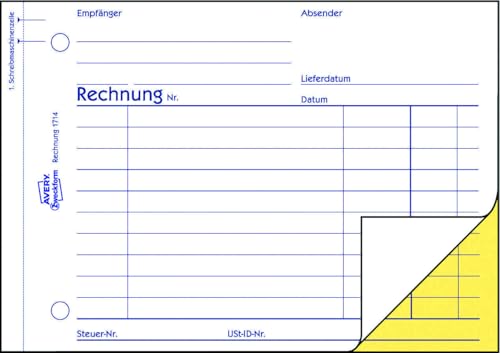 AVERY Zweckform 1714-5 Rechnung (A6 quer, 2x40 Blatt, selbstdurchschreibend mit farbigem Durchschlag, mit Netto- und Bruttobetrag, MwSt. uvm, speziell für Österreich) 5er-Pack, weiß/gelb, Blau