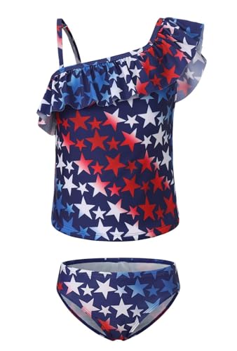 Image of Girls Two Piece Tankini Swimsuits Tie Dye Bathing Suit for Kids One Shoulder Swimwear 3-16 Years