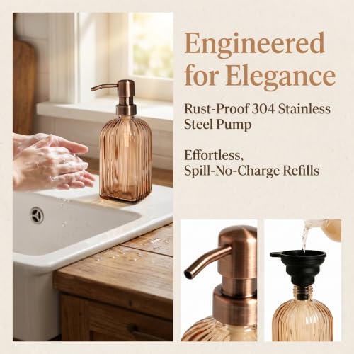 WMAWJBT 13.5 oz Amber Glass Soap Dispenser with Bronze 304 Stainless Steel Pump, Rust-Proof Brown Hand and Dish Soap Dispenser for Kitchen & Bathroom, Includes Black Silicone Funnel (Square) by WMAWJBT - Used condition - Image 3