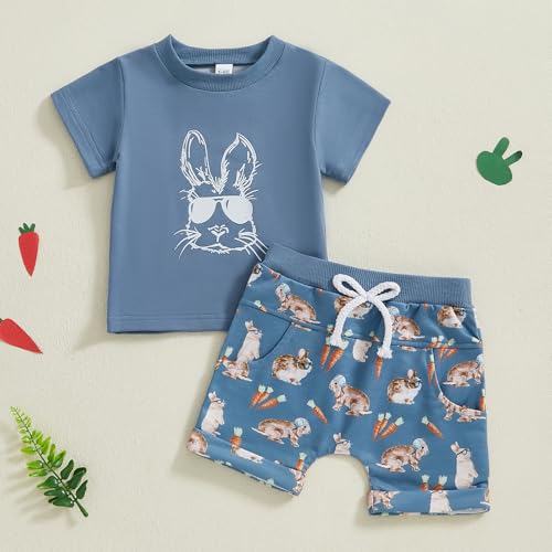 Toddler Baby Boy Girl Easter Outfit Bunny Shorts Set Infant Rabbit Short Sleeve Shirt Summer Cute Clothes (Blue,2-3T)