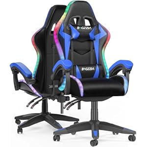 Bigzzia RGB Gaming Chair with LED Lights and Ergonomic Computer Chair Reclining PU Leather High Back Video Game Chair with Headrest Adjustable Lumbar Support Linkage Armrest for Adults (Black/Blue)