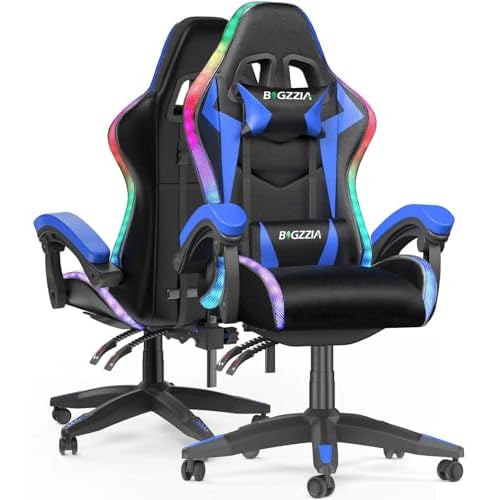 Bigzzia RGB Gaming Chair with LED Lights and Ergonomic Computer Chair Reclining PU Leather High Back Video Game Chair with Headrest Adjustable Lumbar Support Linkage Armrest for Adults (Black/Blue)