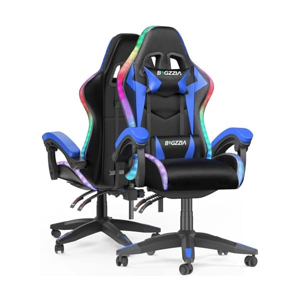Bigzzia RGB Gaming Chair with LED Lights and Ergonomic Computer Chair Reclining PU Leather High Back Video Game Chair with Headrest Adjustable Lumbar Support Linkage Armrest for Adults (Black/Blue)