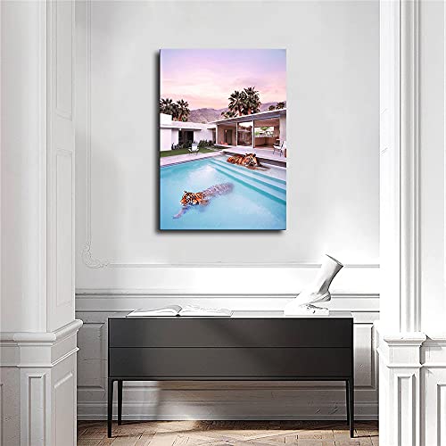 Animal Tigers And Swimming Pool Poster Wall Art Canvas Painting Travel Posters And Prints Cuadros Animal Wall Pictures For Living Room (Unframed,24X36 Inch) #TOP6