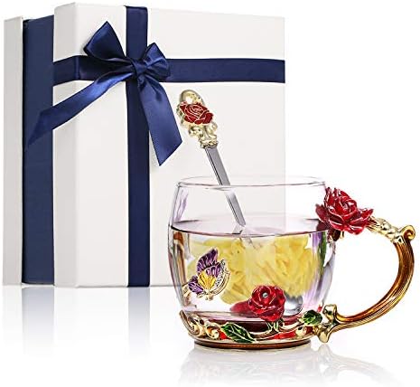 Decdeal Enamel Glass Mug, Flower Tea Cup Lead-Free Coffee Mug with Spoon&Cleaning Cloth&Gift Box,Gifts for Mum,Wife,Girl,Teacher on Birthday,Valentine's Day,Mother's Day,Wedding Anniversary,Christmas