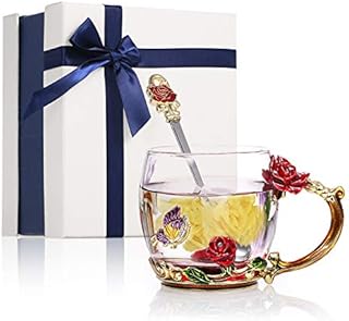 Decdeal Enamel Glass Mug, Flower Tea Cup Lead-Free Coffee Mug with Spoon&Cleaning Cloth&Gift Box,Gifts for Mum,Wife,Girl,Teacher on Birthday,Valentine's Day,Mother's Day,Wedding Anniversary,Christmas