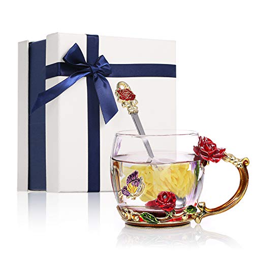 Decdeal Enamel Glass Mug, Flower Tea Cup Lead-Free Coffee Mug with Spoon&Cleaning Cloth&Gift Box,Gifts for Mum,Wife,Girl,Teacher on Birthday,Valentine's Day,Mother's Day,Wedding Anniversary,Christmas