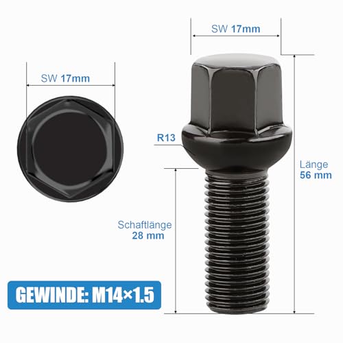 Radschrauben Gasupply 20 Radbolzen M14x1,5x28mm Kugelbund R13 SW 17mm