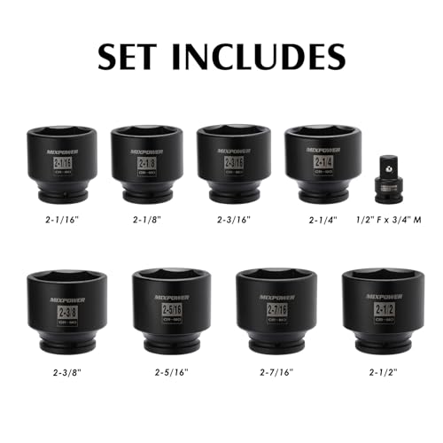 Image of MIXPOWER 9 Pieces 3 /4-Inch Drive Impact Socket Set, CR-MO, 6 Point, SAE, 2-1 /16 inch to 2-1 /2 inch, 9 PCS Jumbo Sockets, 3 /4 inch Drive Standard Impact Socket Set
