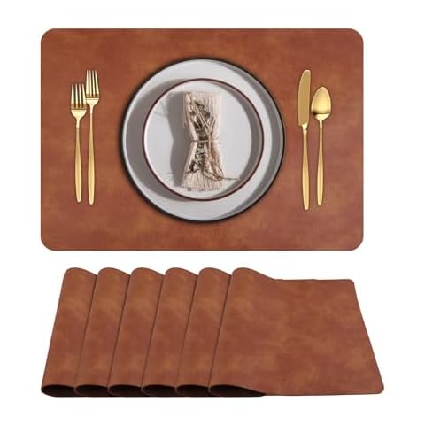 Faux Leather Placemats Set of 6, PU Washed Cowhide Pattern Place Mats Heat Resistant Washable Wipeable Table Mats for Dining Table Outdoor Indoor, Brown Cover