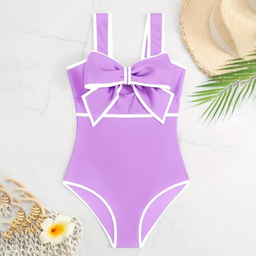 Image of Girls Swimsuits, One Piece Bow Front Bathing Suit for Teens Wide Straps Kids Swimwear Size 8-16