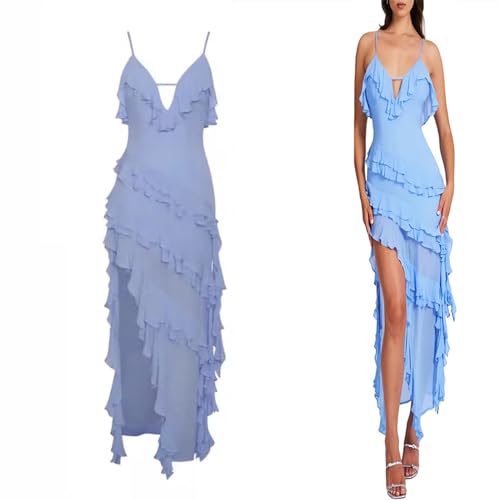 LNNLOO Unregelmäßiges V-Ausschnitt-Sling-Abschlussball-Partykleid, sexy Neckholder-Kleid, rückenfreies Neckholder-Volant-Kleid mit hohem Schlitz...