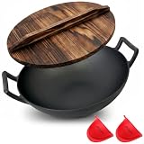 NutriChef wok de hierro fundido, Sarten, Antiadherente, Tapa de madera, Para todo tipo de cocinas