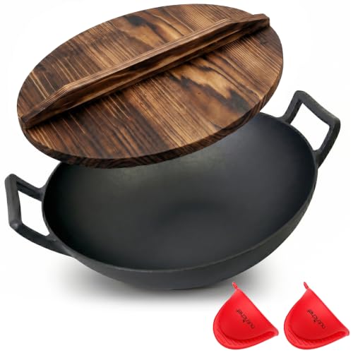 NutriChef Padella in Ghisa Pre-Stagionata da 5,5 Litri - Wok Antiaderente con Coperchio in Legno, per Piano Cottura Elettrico, Nero